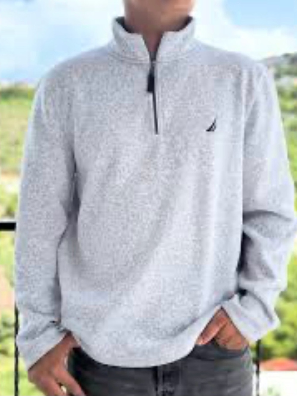 Nautica Fleece Heather Grey Marled Pullover 1/4 Zip Navy Mock neck Collar EUC S